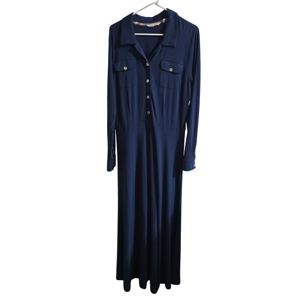 Soft Surroundings Shirt Dress Womens TL Navy Blue Long Sleeve Maxi Cotton Modal